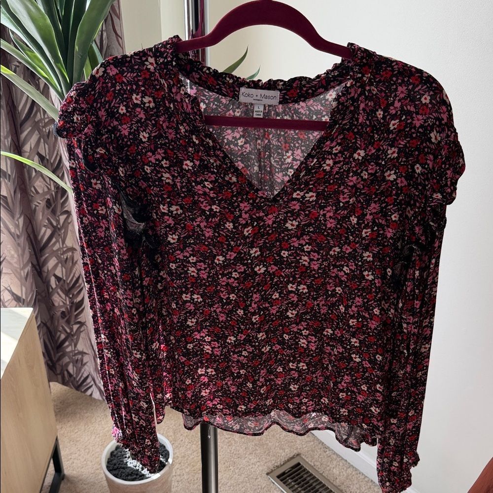 Koko + Mason Black Floral V-Neck Long Sleeve Blouse - Pink Floral